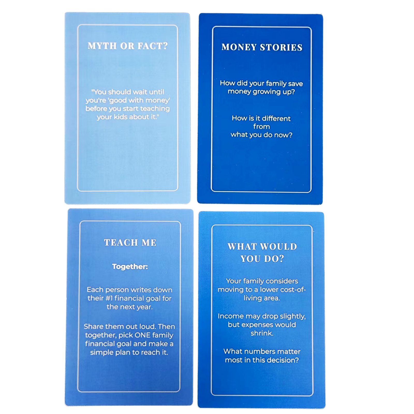Four Money Talk card types spread out — Money Stories, What Would You Do, Teach Me, Myth or Fact
